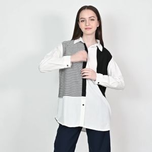 QUEENTIN Kemeja Casual Wanita 0517 Katun Primacool Polos Kombinasi Stripe Premium Lengan Panjang