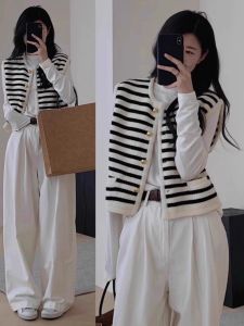 Classic Style Black and White Stripes Sleeveless Knit Vest Outwear Female Spring & Fall Cardigan Outer Wear Outerwear Sweater Waistcoat Vest