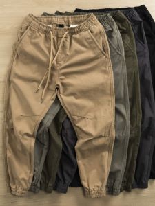 Pure Cotton Mid-Waist Cargo Pants for Men Loose Fit Black Long Pants Casual Style American Retro Workwear