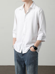 Ice Silk Short Sleeve Shirt Mens New 2025 Spring Summer No Ironing Anti-Wrinkle Casual Inner Wear Draped Feel Seven Sleeve Shirt