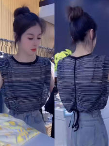 Summer Loose Short Sleeve T-Shirt Womens Back Hollow out Belted Top Youth Style Thin Material round Neck Stripes Pattern
