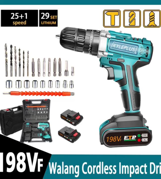 198V Electric Cordless Drill Strong Impact Drill 3 Speed Rechargeable ...