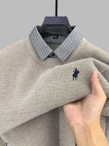 Áo Len Dệt Kim Dày Ấm Áp Cổ Bẻ Giả Hai Mảnh Cho Nam Mùa Đông Thời Trang Thường Ngày Cổ Bẻ Thường Dài Tay