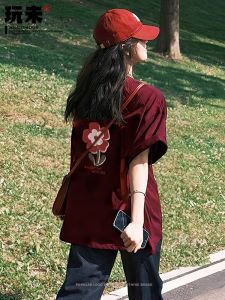 Red Wine Color Pure Cotton Short Sleeve T-Shirt Womens Loose Top Summer Oversize Female Clothing Half Sleeve Street Style