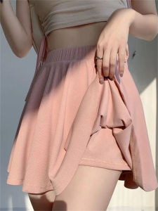 Váy Ngắn Xếp Ly Lụa Băng Màu Hồng Cạp Cao Cho Nữ Mùa Hè Váy Ngắn Chữ a Che Hông Chống Ánh Sáng Váy Công Sở Phong Cách Hàn Quốc