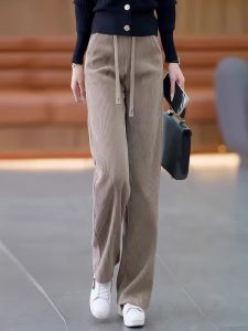 High Waist Corduroy Wide Leg Pants Womens Autumn Winter New Style Slim Fit Fleece Lined Straight Cut Trousers Commute Style
