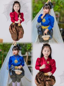 ชุดไทยเด็ก ลายไทยดอก งานผ้าไหมเงา ทอลายอย่างดี