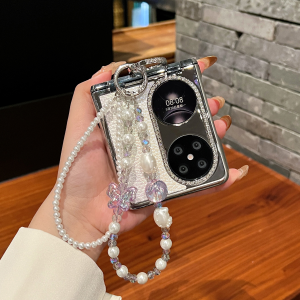 Luxury Diamond Embedded Leather Pattern Huawei Pocket2 Foldable Screen Phone Case Womens Fashion Bracelet Protective Cover
