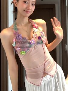 chaqi | Slimming V-Neck Strapless Vest Womens Summer Fashion Design Neck Hanging Floral Print Top With Chest Pad Inner And Outer Wear