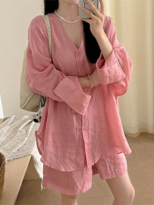 Shalldoer | Casual V-neck Pink Shirt Straight-leg Short Pants Two-piece Set Womens Summer Fashion Leisure Ensemble Button-up Long Sleeve