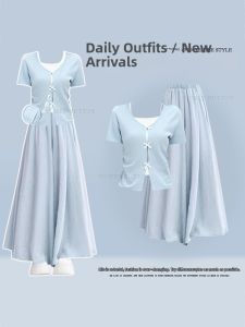 NUMEN BUTTON | Plus Size French Sweet Two-Piece Set Tshirt Bow Tie Slimming Pantskirt