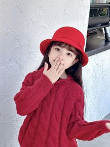 Red Bowknot round Top Hat for Girls Children And Adults with Small Head Circumference Woolen New Year Hat Elegant Style Winter Warm