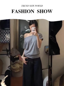 🎀 SIS Solid Color Short Sleeved T-shirt Loose Versatile Off-the-shoulder Design Sense Top
