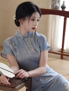 Q61 Blue Cheongsam High-End New Chinese Style Dress Republic of China Style