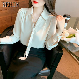 REHIN 2024 spring new fluttering belt niche French style long sleeve chiffon shirt elegant women blouse