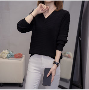 plus Size Womens Crocheted V Neck Knitting Bottoming Shirt Womens Fall and Winter Loose Slimming Belly-Covered Anti-Aging Sweater Trendy