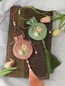 Original Style Double-Sided Embroidered Lotus Bag Bibimbap Tassel Accessory for Daily Wear Hanfu Traditional Chinese Clothing