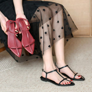 Womens Pointed Toe Flat Heel Sandals Cross Band Minimalist Red Personality Open Toe Roman Shoes Suitable for Daily Wear
