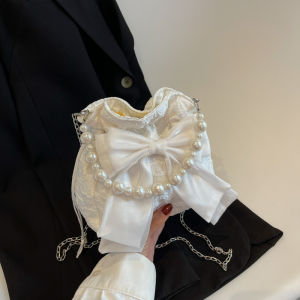 Cute Butterfly Knot Pearl Handbag Womens Shoulder Bag Summer 2022 Trendy Mini Bucket Bag Soft Canvas Korean Style Casual