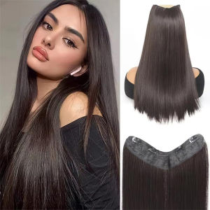 Synthetic long straight V-shaped half head wig suitable for women black brown hair clip gold black brown natural wig