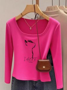 Pure Color Long Sleeve U-Neck T-Shirt Womens Short Style Slim Fit Cotton Base Shirt Design Sensation Korean Version Commute Style