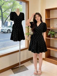 Black Polka Dot V-Neck Slimming Belted Long Dress
