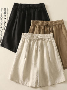 กางเกงขาสั้นผ้ายืดเอวสูงผ้าลินินลายทางสำหรับผู้หญิงในช่วงฤดูร้อน กางเกงขายาวทรงเอทรงหลวมสบาย ๆ สำหรับผู้หญิงไซส์ใหญ่