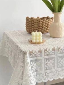 Simple Modern Solid Color Tablecloth with Bright Thread Small Flowers Lace Dot Square Tea Table Cloth Dustproof Universal Cover