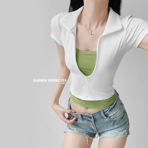 Summer American Style Slim Fit Short Sleeve Female T-Shirt Pretend Two-Piece Layering Fashion 2025 New Design Breathable Casual Women Tops