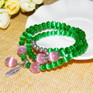Green Cats Eye Stone Beads Bracelet Womens Multi-layer Crystal Tibet Silver Hand Jewelry Birthday Gift Friends Bracelet