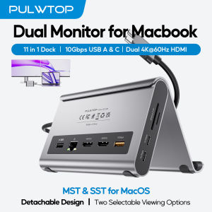 PULWTOP USB C Docking Station Dual Monitor with 2 HDMI PDEthernet USB A/C 10Gbps Audio SD/TF for MacBook Pro/Air M3/M4/M5