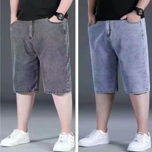 Summer Thin Denim Short Pants Mens plus Size Loose Straight Leg Elastic Five-Quarter Pants Cotton Stretch Jeans mid Waist Zipper