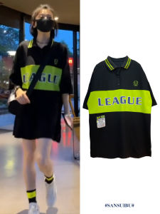 Summer New Womens Polo Neck Short Sleeve T-shirt Korean Style Striped Print Oversize Straight Cut Mid-Length Fashion Top