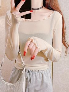 เสื้อเชิ้ตคอโปโลผ้าตาข่ายลูกไม้แขนยาวบางสำหรับผู้หญิง ทรงเข้ารูป สีพื้น ฤดูใบไม้ร่วง 2024 แบรนด์ BOIVCN