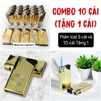 Combo 5cái Bật Lửa, Hột quẹt khò thân kim loại màu vàng dập nổi A17 ( bơm gas lại được) -thiết kế sang trọng