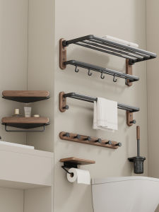 YUJIANG | Drill-free Walnut Wood Bathroom Storage Rack