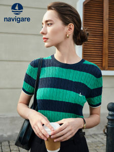 Navigare | Summer New Striped Knitted Green Short Sleeve Round Neck T-Shirt