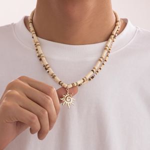 Ingemark | Ingemark 2Pcs/Set Boho Seed Beads Wooden Chain Necklace for Men Collar Goth Sunflower Pendant Choker Aesthetic Y2K Jewelry Gift