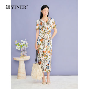 YINER | Elegant Vacation Style Art Print Ruffled Waist V-Neck Summer Dress