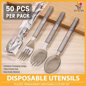 50 Pieces Disposable Cutlery Set Plastic Knife Spoon Spoon Non-Toxic Safe Transparent Thick Material Individually Wrapped Long Handle Grip Perfect For Catering Party Office And Home Use Portable Takeaway