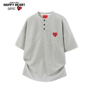 CHARLES JANGS HAPPY HEART | Waffle Texture Henley Neck Casual Loose T-Shirt