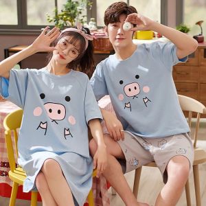 Summer Couple Sleepwear Loose Thin Short Sleeve Home Clothes Two-Piece Set Cute Pig Print Shorts Home Comfortable Cotton Blend