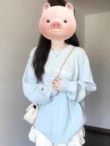 ปักคอกลมสีน้ําเงิน เสื้อสเวตเตอร์ ผู้หญิง Early ฤดูใบไม้ร่วง ใหม่ นุ่ม อวบอ้วนยาว หลวม Lazy Knitted เสื้อท่อนบน ผ้าฝ้าย 80% อื่นๆ 20%