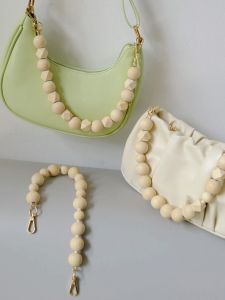 Handmade Vintage Wooden Bead Chain Bag round Octagonal Shape Natural Wood Color Portable Fashion Accessory 40cm Length