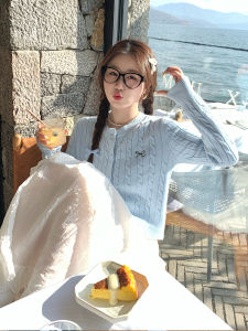 Blue Knitted Cardigan Sweater Womens Butterfly Knot Embroidery Twist Early Autumn Top Korean Style Commute Fashion Slim Fit