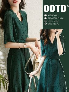 Classic Polka Dot Elegant Draped Design Chiffon Fish Tail Skirt Dress Womens Mid-Length Commute Korean Style V-Neck Dress