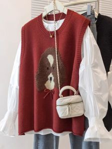 Red Knitted Sweater Doggie Sweater Vest Womens plus Size Christmas New Years Layering Top Korean Style Loose Fit Shirt