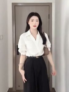 ⚡Port⚡ blouses women new style 2025 Women Summer Niche Chic Shirt French Style High-end Shirt White V-neck Short Sleeved Shirt