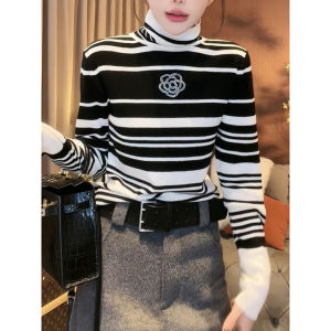 Trendy High Collar Striped Knit Sweater