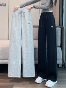 Womens Fleece Lined Trousers Spring Autumn Slim Wide Leg Pants Loose Straight Casual Sports Trousers High Waist Korean Style